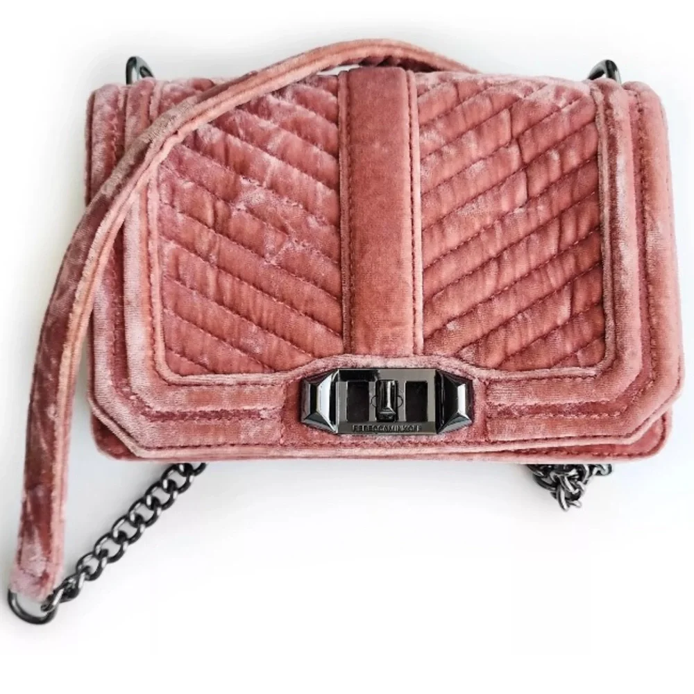 Rebecca Minkoff Chevron Quilted Small Love Crossbody Velvet Soft Pink - Picture 2 of 7
